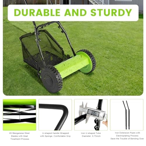 12-Inch Lawn Reel Mower, 5-Blade Push Reel Mower Manual Adjustable Cutting Height with 6 Gallons Grass Catcher Easy to Use for a Green Healthy Lawn
