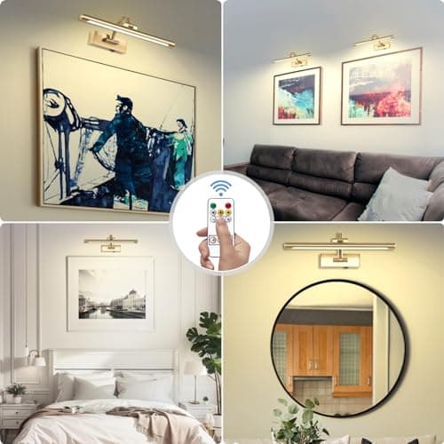 Wireless Picture Lights for Wall Rechargeable, Battery Operated Art Light for Paintings, 3CCT Dimmable, 15.7" Brass Finish with Remote, Rotatable Gallery Light for Pictures Display