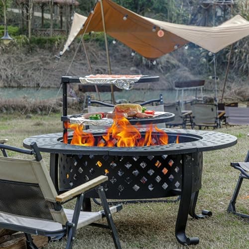42 Inch Fire Pit with 2 BBQ Grills, Wood Burning Fire Pits for Outside with Lid & Fire Poker, BBQ& Outdoor Firepit & Round Metal Table 3 in 1 for Patio, Picnic, Party