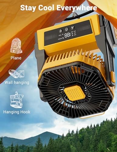 KopBeau Portable Camping Fan with Lights, 20000mAh Rechargeable Battery Operated Fan, Battery Powered Outdoor Beach Tent with 3 Speeds & Hook, Personal USB Table for Camping Accessories