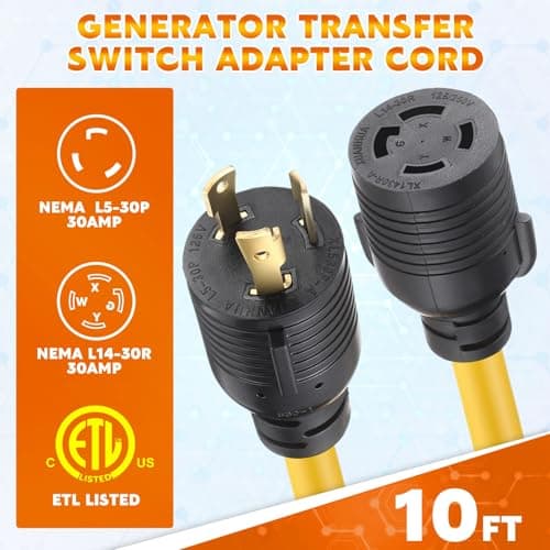 Kanayu Generator Transfer Switch Adapter Cord Compatible with NEMA L5-30P to L14-30R, 30 Amp Locking 3 Prong to 4 Prong Generator Adapter RV Generator to House Inlet Box, STW 10 AWG, ETL Listed(10ft)