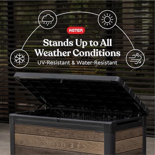 Keter Signature Collection 100 Gallon Resin Deck Box Organization and Storage Box for Patio Outdoor Cushions, Throw Pillows, Garden Tools and Pool Supplies, Walnut
