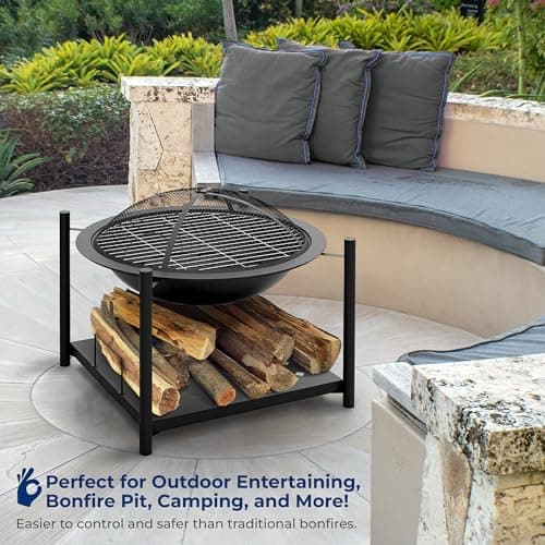 SereneLife 26" Outdoor Wood Fire Pit with BBQ Grill, Mesh Screen, and Wood Storage – Heavy-Duty Steel Frame, Heat-Resistant – Ideal for Bonfires, Camping, and Outdoor Cooking
