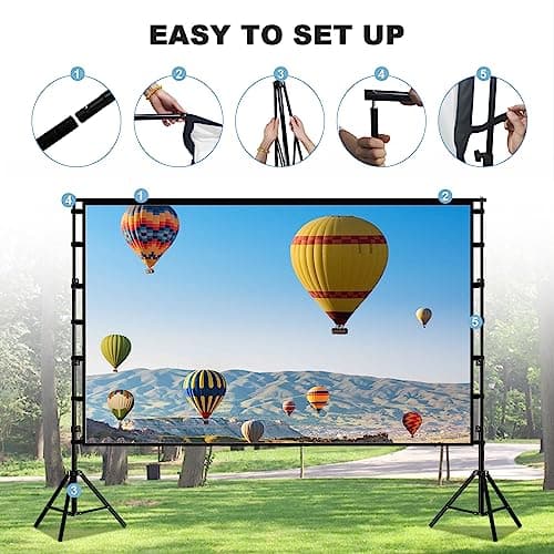 150"-Projector-Screen-with-Stand,HUANYINGBJB Outdoor Projection Screen, Portable 16:9 4K HD Rear Front Movie Screen with Carry Bag for Theater Backyard Movie Night,Cinema School, Churches, Parties