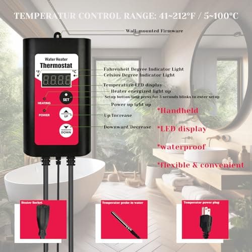 1800W Immersion Water Heater Portable Electric Hot Tub & Pool Fully Submersible Water Heater with Thermostat, GFCI Leakage Protection for Bathtub, Buckets, Swimming Pool, Baptistry, Pools