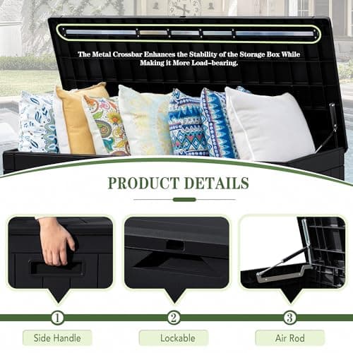 Greesum 100 Gallon Resin Deck Box Lockable Large Outdoor Storage Boxes for Garden Tools, Patio Furniture Cushions, Pool Supplies, Black