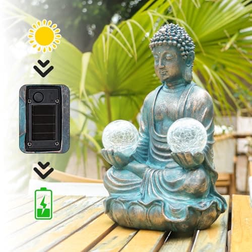 Afirst Meditating Buddha Garden Statues Solar Buddha Sculpture Decor with Glass Balls Zen Meditation for Home Garden Yard Patio Indoor Outdoor Ornaments
