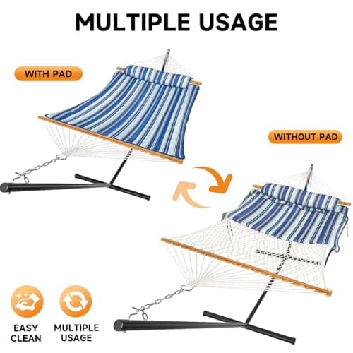 Double Hammock with Stand, 2 Person Cotton Rope Hammock with Removable Polyester Pad, 500LBS Capacity, Portable & Adjustable Design, Includes Storage Bag, Indoor Outdoor Use,Blue