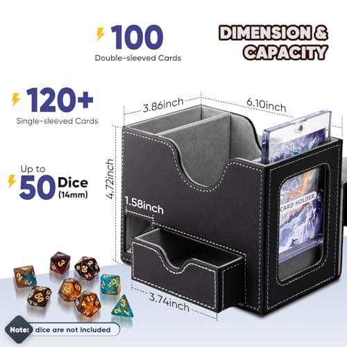 Flooyes MTG Commander Deck Box, Card Storage Box Fits 100 Double-Sleeved Cards, 35pt Card Brick, Dice Tray & Dice Pool, PU Leather Strong Magnet Card Deck Case for Magic Commander TCG CCG, Black/Grey