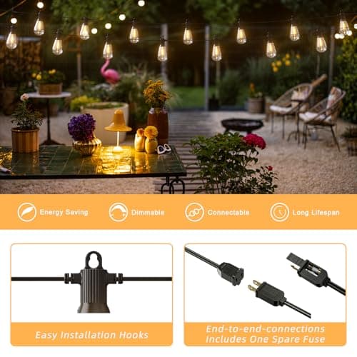 50FT LED Outdoor String Lights with 15 Shatterproof Edison Bulbs, 2700K Commercial Grade IP65 Waterproof Patio Lights, Heavy Duty Outside Hanging Lights for Backyard, Balcony, Garden, Porch