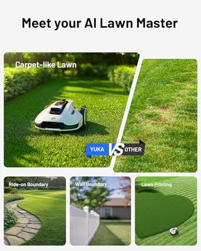 YUKA 2000 Robot Lawn Mower with Garage Standard, Reception 0.5 Acre,Max. 0.6 Acre, Ultrasense AI Vision & RTK, Auto Mapping & App Control,45% Slope,Dual Cutting Discs, 20 Mowing Zones