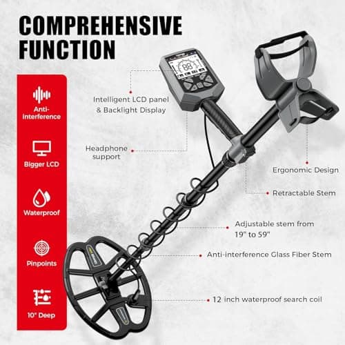 Metal Detector for Adults,12″ IP68 Waterproof Search Coil with High Accuracy System,Advanced DSP Chip Technology,5 Modes with LCD Backlit Display for Beach Hunting&Jewelry Finding