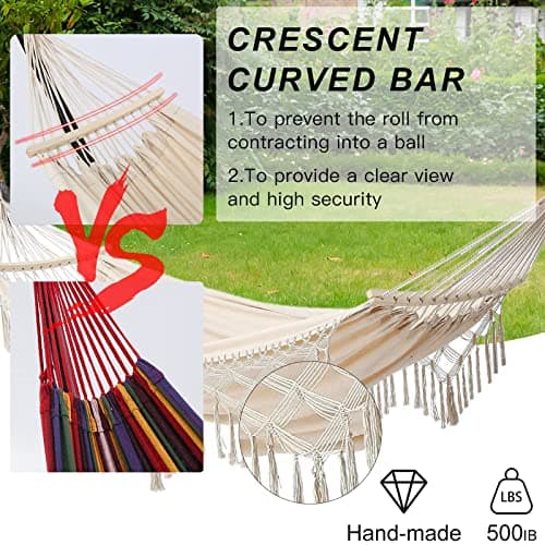 Hammock Hanging Swing Double Max 500lbs Macrame for Indoor Outdoor Patio Yard Garden (Beige)