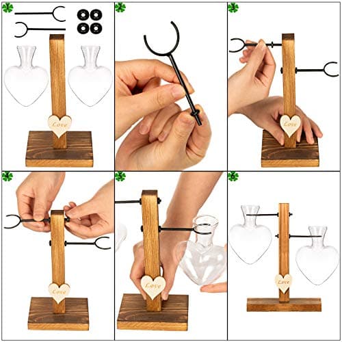Kingbuy Hydroponic Glass Vase Vintage Desktop Plant Terrarium Planter Bulb Vase Water Planting Propagation Vase Planters Hydroponics Plants with Retro Wooden Stand Home Garden. (E（2 Heart Vase）)