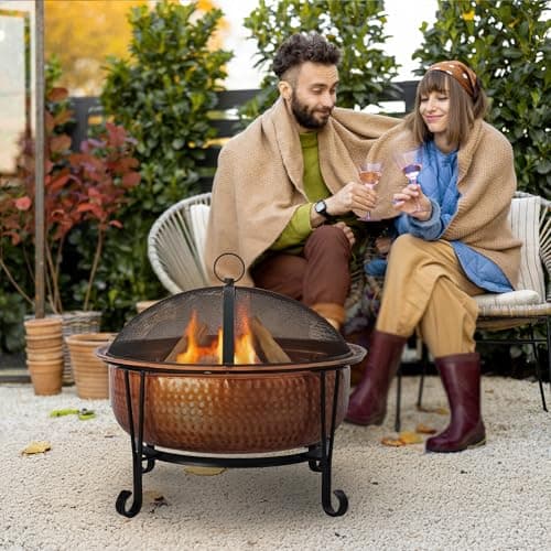 26.5" Genuine Copper Wood Burning Fire Pit w/Spark Screen, Lift Tool, Grate #65126
