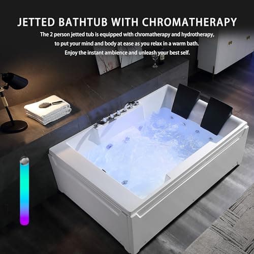 Empava 1125W Whirlpool Tub,72" x 48" Jetted Bathtub for 2 Person, Hydro Massage & Chromatherapy,ETL Certified,3 Sided Apron,Acrylic ,110 Gallons,Left Drain