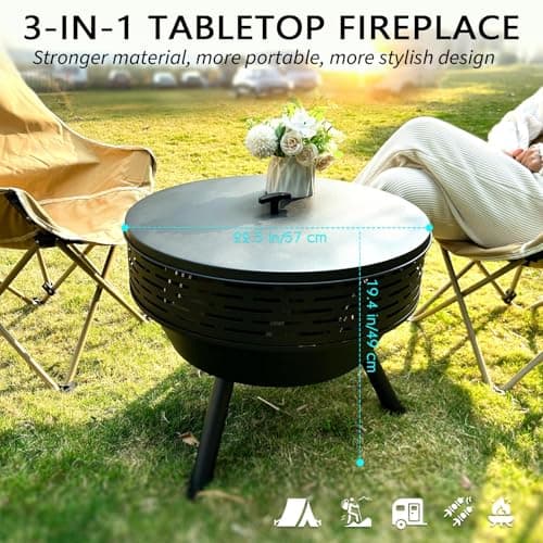 3-in-1 Fire Pit with Grill & Lid, 23" Outdoor Fire Pit Table, Cast Iron Wood Burning Firepit, Heavy Duty Fire Bowl for Outside Patio, Backyard Fireplaces, Large BBQ Pit Table with Fire Poker