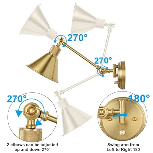 TRLIFE Wall Sconce Plug in, Dimmable Wall Sconces Set of 2 Wall Lights with Plug in Cord and Dimmer On/Off Knob Switch, Brushed Brass Swing Arm Wall Light, UL Listed(2 Pack, 2 Bulbs)