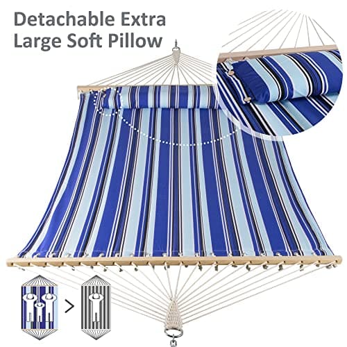 SUNCREAT Hammocks Quilted Fabric Hammock, Double Hammock with Spreader Bar, Soft Pillow, Max 475lbs Capacity, Blue Stripes