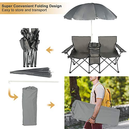 Double Folding Camping Chair W/Umbrella Fold Up Table Beverage Holder Carrying Bag Cooler for Patio Pool Park Outdoor Beach, Picnic, Portable (Grey)