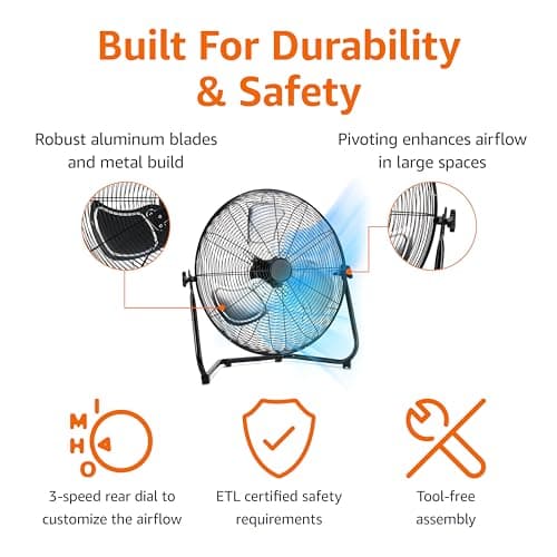 Amazon Basics 20" High Velocity Industrial Fan, Floor Fan, with 3 Speeds, Tilt Head, ETL-Listed Safety Compliance, Metal Housing/Blades, Ideal for Industrial/Commercial Space/Garage/Gym, 125W, Black