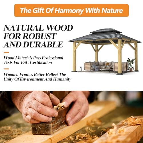10’x 12’ Outdoor Wood Gazebo - Patio Hardtop Gazebo Permanent Wooden Pavilion with Galvanized Steel Double Roof, Cedar Wooden Gazebos for Garden, Lawn, Poolside, Backyard Deck
