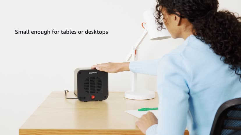 Amazon Basics Ceramic Space Heater, Mini Heater for Office Desk, Portable Tent Heater for Camping (Indoor Use), 500 W, With Tip-Over Protection, Lightweight (1.4 LBS), Black, 5.8"D x 3.4"W x 6"H