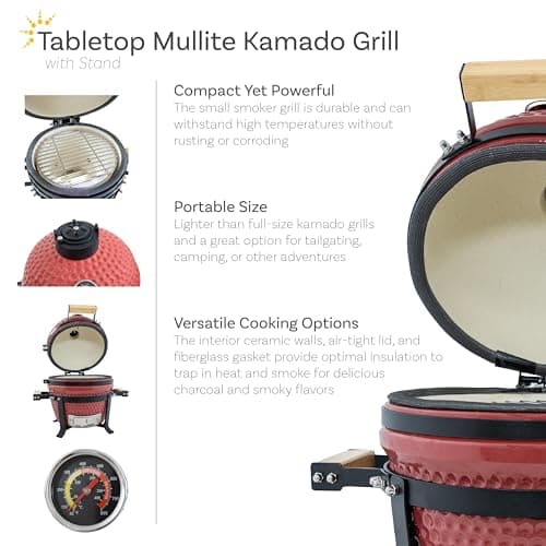 Sunnydaze 13” Kamado Portable Charcoal Grill with Smoker - Outdoor Ceramic Small BBQ Grill with Stand and Cooking Grate - Red