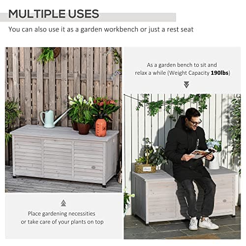 Outsunny 75 Gallon Wooden Deck Box, Outdoor Storage Container with Aerating Gap & Weather-Fighting Finish, Grey
