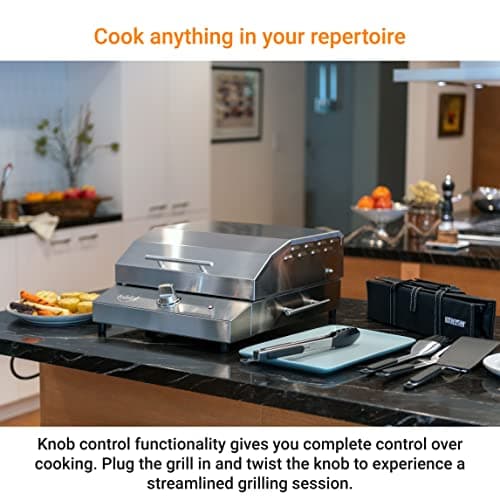 KENYON G2 Portable Tabletop Electric Grill, 1440W Single Burner, Stainless Steel Body, Cast Aluminum Grate, UL Approved Grill For Indoor And Outdoor Use, Removable Lid, Dishwasher Safe, 120Volts
