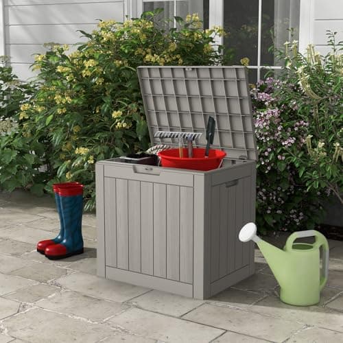 Deck Box, Waterproof Weatherproof and UV Resistant Resin Storage Bin with Lockable Lid, Ideal for, Outdoor, Patio Furniture Cushions, Pool Supplies, Garden Tools (31 Gallon, Grey)