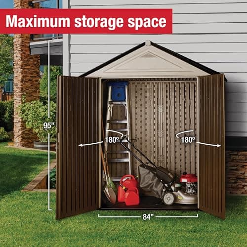 Rubbermaid Resin Outdoor Storage Shed With Floor (7 x 3.5 Ft.), Weather Resistant, Brown/Grey, Organization for Home/Lawn Mower/Backyard Equipment/Bike Storage/Pool Supplies