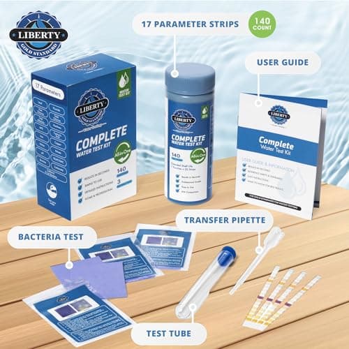 Liberty Gold Standard© Water Test Strips (121-Piece Kit) Testing for Pools & Spas, Hot Tubs - Test Chlorine, pH, Hard Water Hardness Test, Cyanuric Acid, Alkalinity, Bromine (Pool Spa Test Kit)