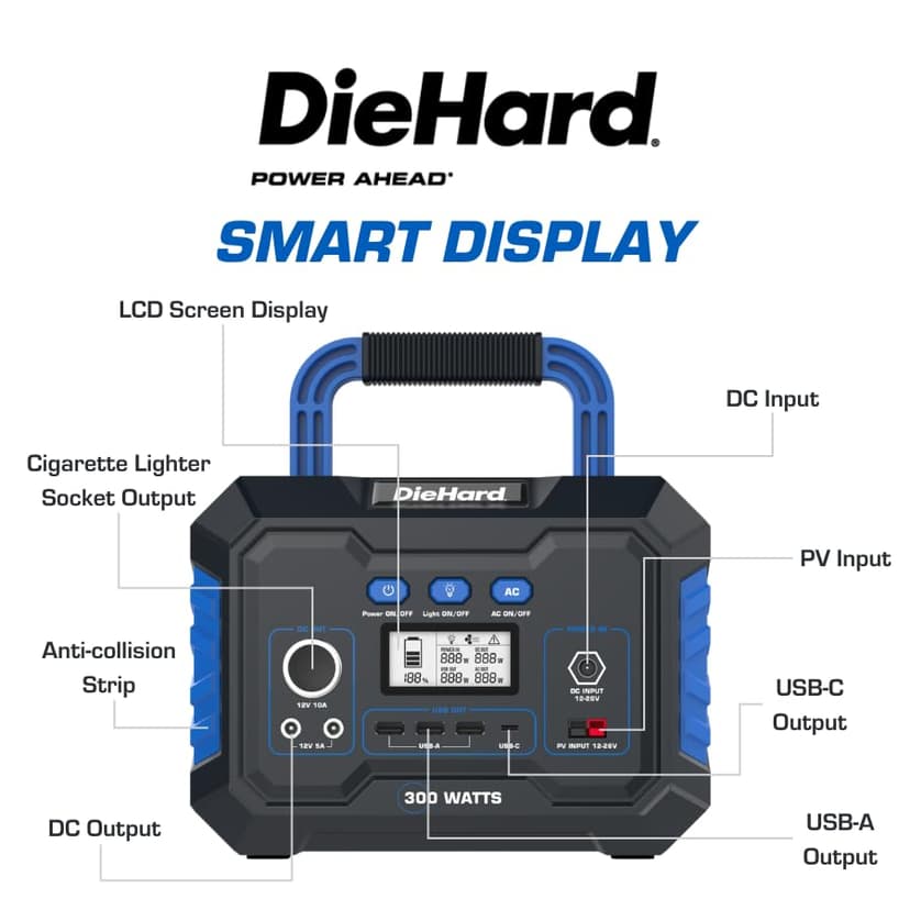 DieHard Portable Power Station 300-Watt (600-Watt Peak) 288.6Wh - Solar Generator (Solar Panel Optional), for Home Backup, Weather Emergencies, Outdoor Recreation, Jobsite and more