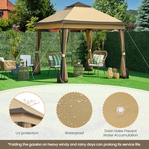 Yaheetech 11x11 Pop Up Gazebo Outdoor Canopy Shelter, Instant Patio Gazebo Sun Shade Canopy Tent with 4 Sandbags, Double Tiers & Mesh Netting for Lawn, Garden, Backyard & Deck, Khaki