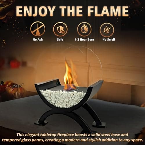 Round Glass Large Tabletop Fireplace 12.5" H Portable Fire Bowl Pot Clean Burning Bio Ethanol Ventless Fireplace for Indoor Outdoor Patio Parties Events(Black)