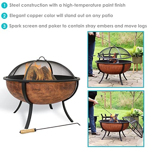 Sunnydaze 32-Inch Steel Fire Pit Bowl - High-Temperature Copper Finish Wood Burning Fire Pit with Screen, Wood Grate, and Poker