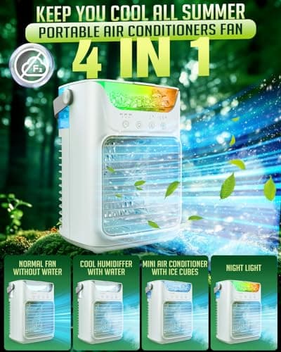 Portable Air Conditioners, 3 Wind Speeds & 7 LED Lights Evaporative Personal Air Cooler, 4 in 1 Portable AC with 650 mL Large Water Tank, Mini Air Conditioner for Bedroom/Car/Home/Camping/Room