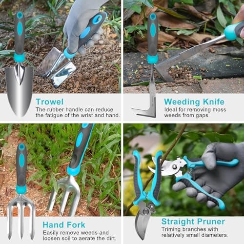 10 Piece Heavy Duty Stainless Steel Garden Tools Set with Ergonomic Rubber Handle. Variety of Gardening Hand Tools for Planting. Ideal Garden Gifts