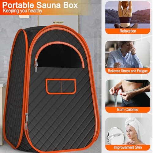 FIOCCO Portable Sauna Box, Portable Sauna for Home with 2.6L Steamer Generator, Remote Control, Portable Chair & Floor Mat, Full Body Personal Saunas Tent for Health, 9 Levels, Orange