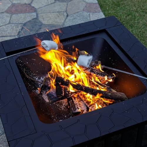 Multifunctional Fire Pit Table 32 inch Square Metal Firepit Stove Backyard Patio Garden Fireplace for Camping, Outdoor Heating, Bonfire and Picnic