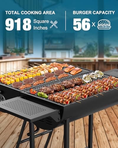 Extra Large Charcoal BBQ Grill, 918 Square Inches Cooking Space, Outdoor Barbecue Grill with 2 Foldable Side Tables for Outdoor Backyard Patio Picnic Parties Camping, Black