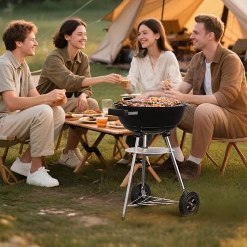 18 inch BBQ Charcoal Grill, Outdoor Portable Grill, Round Kettle Barbecue Grills, Durable & Easy to Assemble, Perfect for Backyard, Camping, Small Patio, Black