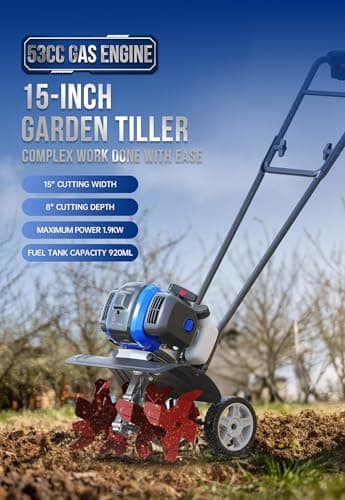Garden Tiller 53cc Mini Cultivator 15 inch Powerful Liftable Booster Rod Tilling Tool for Lawn, Garden and Field Soil Cultivation