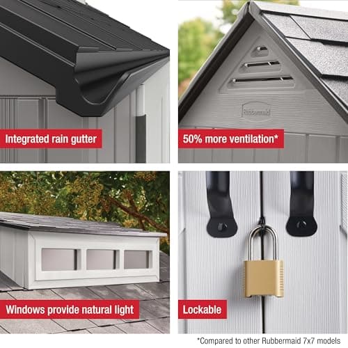 Rubbermaid Resin Outdoor Storage Shed With Floor (7 x 7 Ft), Weather Resistant, Gray, Organization for Home/Backyard/Garden Tools/Lawn Mower/Bike Storage/Pool Supplies