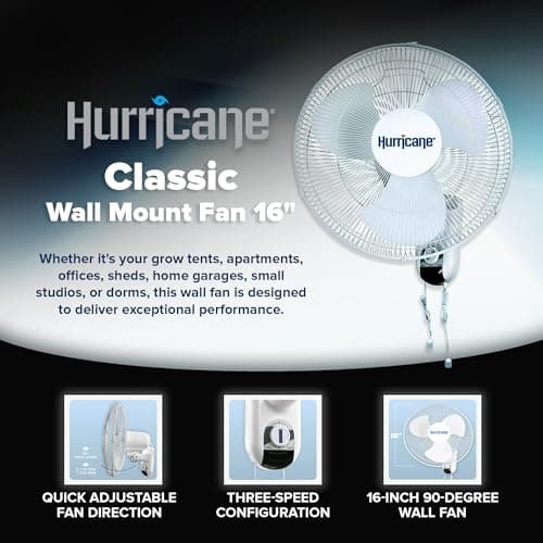 Hurricane Classic Oscillating Wall Mount Fan w/ 3 Quite Speeds, White, 16" - Corded Electric Air Cooling Unit w/Easy Pull Cord Controls for Home, Grow Tents, Offices, Sheds, Studios, Garages & Dorms