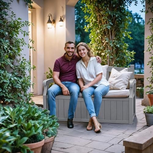 Devoko 80 Gallon Storage Bench Deck Box Lockable for Patio Furniture, Garden Decor and Outdoor Seating for Cushions, Garden Tools and Pool Supplies (Grey)