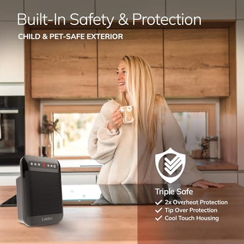 Lasko MyHeat Max Personal Ceramic Space Heater, Tip Over Switch, Overheat Protection, 2 Heat Settings, Adjustable Thermostat, Timer, for Indoor Use, Home, Office, 9 Inches, 1500W, Black, CD09101
