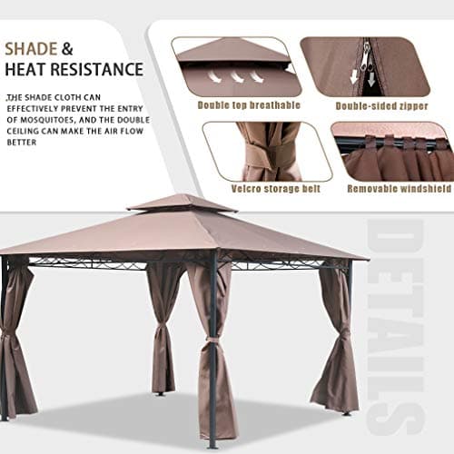 FDW 10'x13' Outdoor Patio Gazebo Heavy Duty Steel Frame Canopy with Double Roof, Privacy Curtains, for Garden, Backyard, and Lawn (Brown)