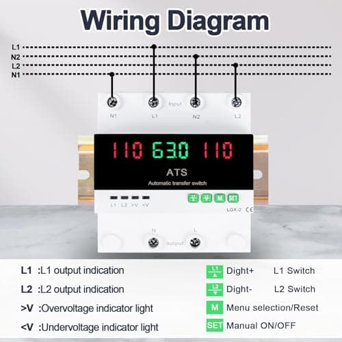 63A 110V Automatic/Manual Transfer Switch, Dual Power Selector with LED Display, L1 Priority, DIN Rail Mount,50/60Hz CE Certified ATS for Generator and Backup Power